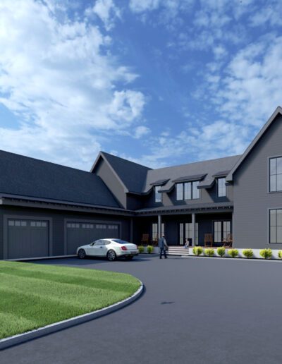 A modern two-story house with gray exterior, black roof, and attached garage with a white car parked in front, surrounded by a green lawn and a paved driveway on a sunny day under a partly cloudy sky.