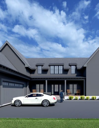 A two-story gray house with a pitched roof, multiple windows, and a long driveway. A white car is parked in front of the attached garage. Two people stand near the front door under a blue sky.