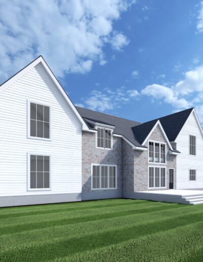 A two-story house with white siding and brick accents, situated on a well-manicured lawn under a partly cloudy sky.