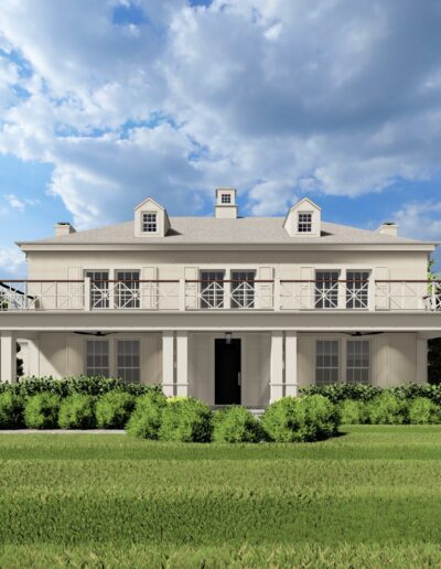 A large two-story white house with multiple windows and a symmetrical design, surrounded by manicured lawns and trees under a partly cloudy sky.