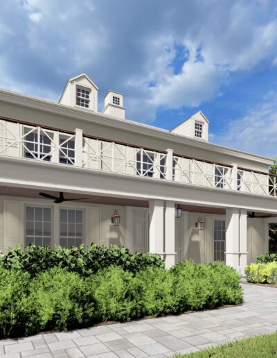 A two-story house with a white facade, covered porch, balcony on the upper floor, and surrounding greenery under a partly cloudy sky.