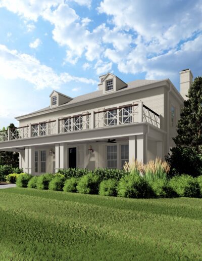 A two-story house with a wraparound balcony, white exterior, and a well-manicured lawn sits under a partly cloudy sky surrounded by lush greenery.