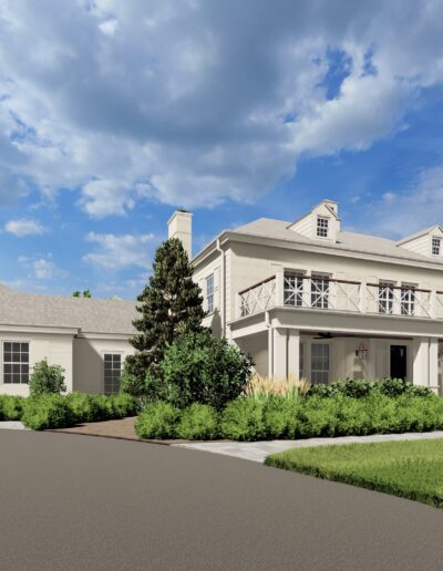 A two-story white house with greenery, a large front yard, and a paved driveway under a partly cloudy sky.