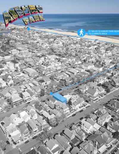 Aerial view of a residential neighborhood with a marked walking route to the Asbury Park boardwalk, indicating a distance of 0.7 miles or a 12-minute walk. The ocean is visible in the background.