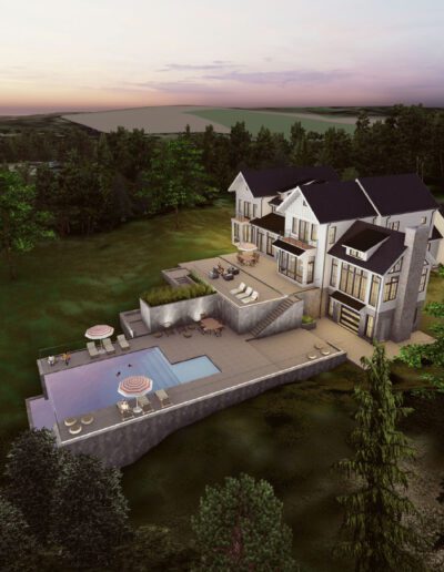 Aerial view of a large, modern house with a multi-level deck featuring an infinity pool and outdoor seating, surrounded by dense trees and overlooking a body of water at sunset.