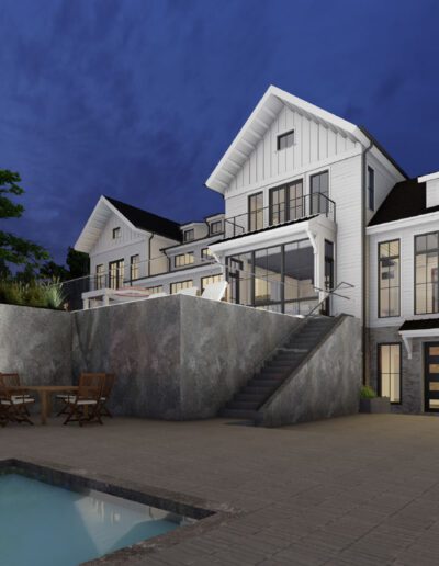 Modern multi-story house with large windows and a spacious patio area featuring outdoor furniture. A flight of stairs leads down to a pool surrounded by a stone wall, all set against a twilight sky.