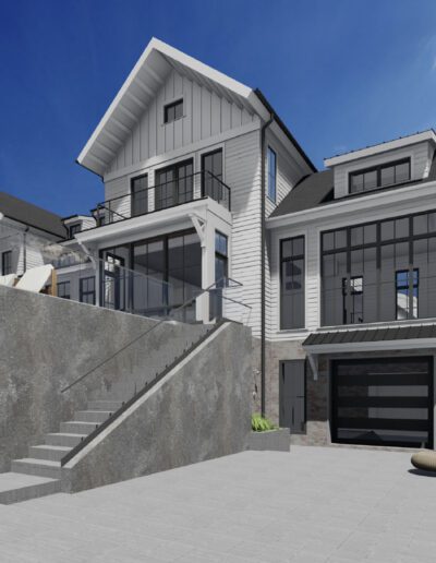 Modern, two-story house with white siding, large windows, and a balcony. The house features a stone steps, garage, and an outdoor seating area.