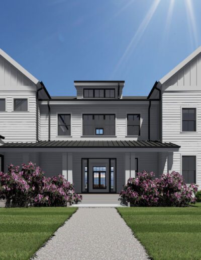 Front view of a two-story modern farmhouse with white exterior, black accents, and multiple gables. A walkway leads to the entrance, flanked by bushes and plants. Bright blue sky in the background.