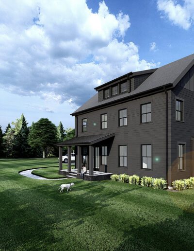 A modern two-story black house with a wraparound porch, surrounded by a manicured lawn and trees, under a partly cloudy sky. A dog can be seen on the lawn near the house.