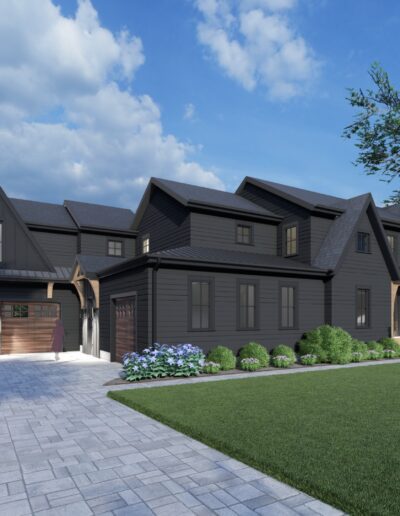 Modern black two-story house with a sloped roof, wooden garage doors, and a large driveway, set against a backdrop of greenery and a blue sky.