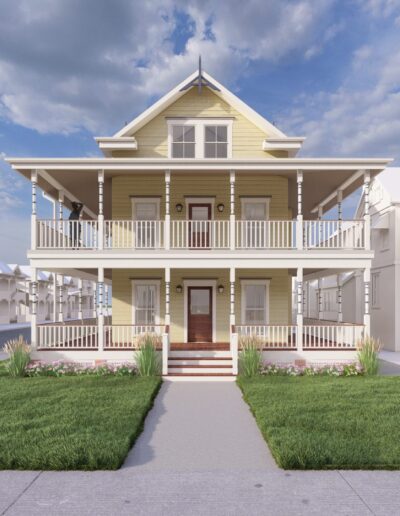 Front view of a two-story yellow house with two covered porches, manicured lawns, and adjacent white houses under a cloudy sky. A person with a surfboard is seen on the right.