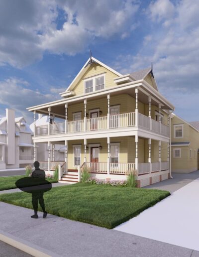 A person stands on the sidewalk near a large, three-story house with a wraparound porch and white trim, located on a quiet suburban street.