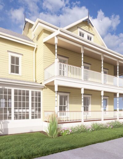 A large yellow house with white trim and multiple porches is pictured under a blue sky with clouds. A person is seen in shadow walking near the entrance.