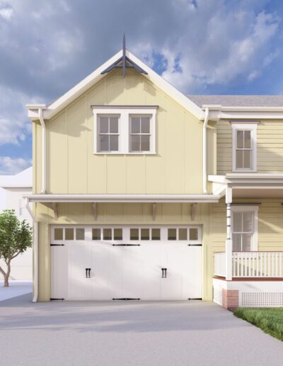 A two-story yellow house with a gabled roof, white trim, and an attached garage. The front porch features white railings, and the driveway leads to the garage's double doors. Trees line the side.